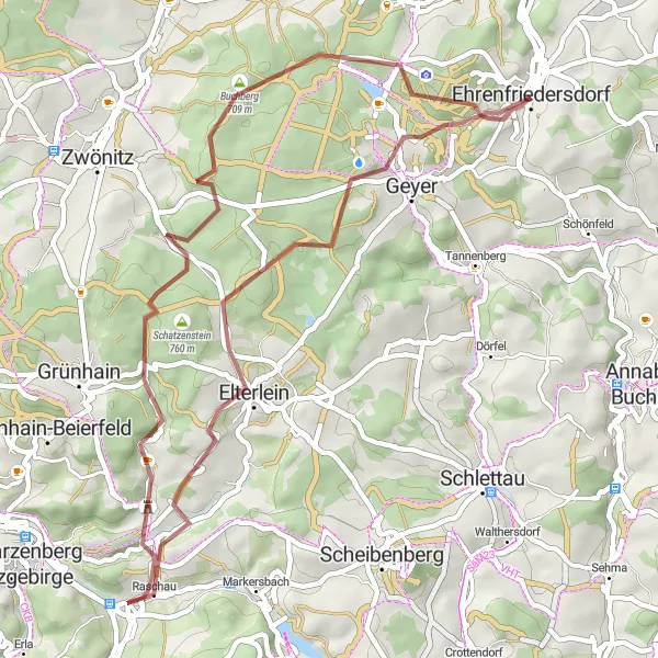 Map miniature of "Off the Beaten Path Gravel Adventure" cycling inspiration in Chemnitz, Germany. Generated by Tarmacs.app cycling route planner