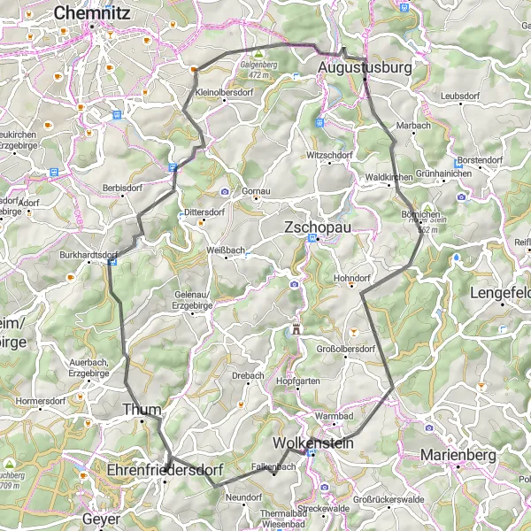 Map miniature of "Scenic Road Adventure" cycling inspiration in Chemnitz, Germany. Generated by Tarmacs.app cycling route planner