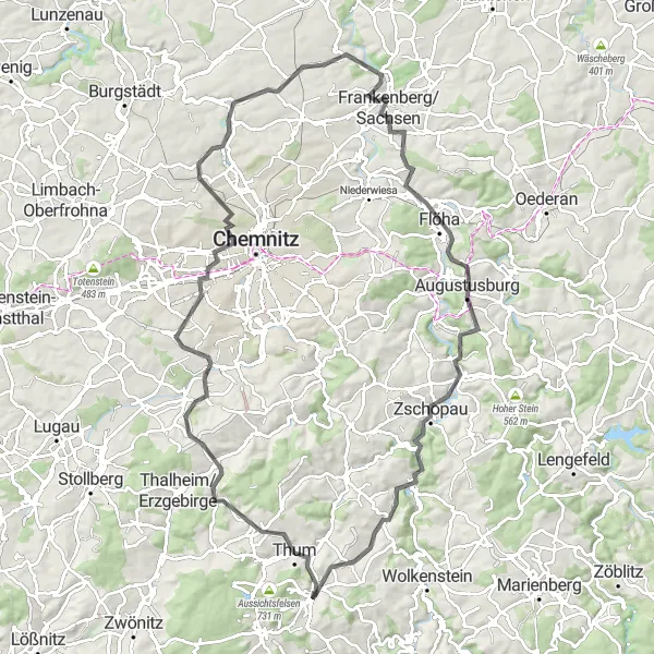 Map miniature of "Scenic Road Odyssey" cycling inspiration in Chemnitz, Germany. Generated by Tarmacs.app cycling route planner