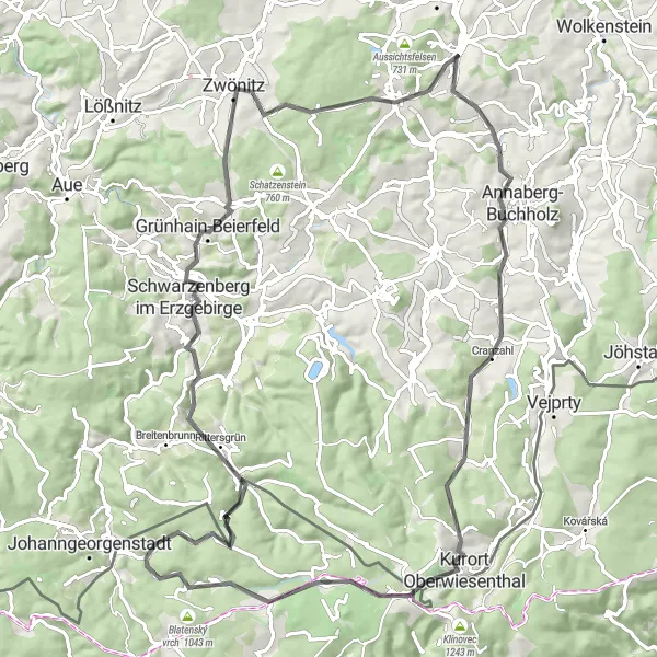 Karten-Miniaturansicht der Radinspiration "Bergstraßen-Tour von Ehrenfriedersdorf" in Chemnitz, Germany. Erstellt vom Tarmacs.app-Routenplaner für Radtouren