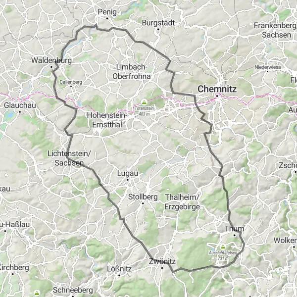 Map miniature of "Challenging Mountain Ride" cycling inspiration in Chemnitz, Germany. Generated by Tarmacs.app cycling route planner