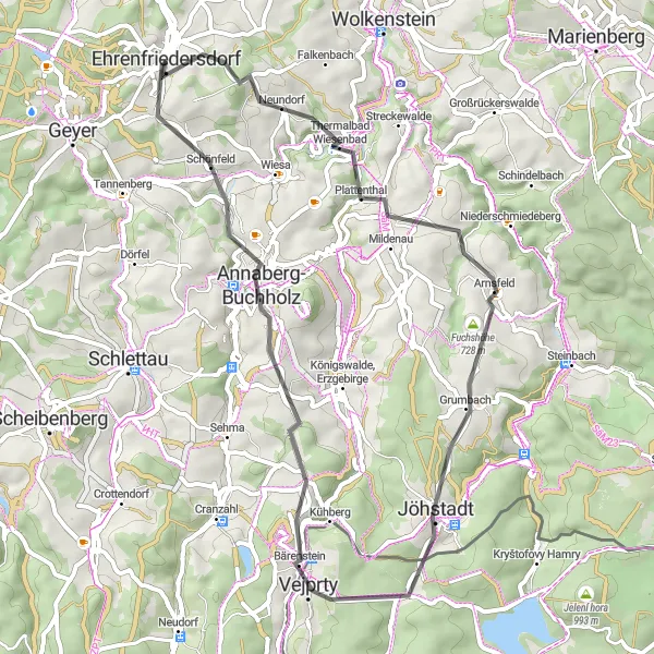 Map miniature of "The Road Less Traveled from Ehrenfriedersdorf" cycling inspiration in Chemnitz, Germany. Generated by Tarmacs.app cycling route planner