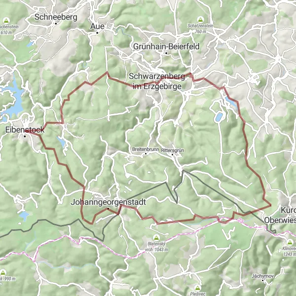 Map miniature of "Eastern Erzgebirge Gravel Adventure" cycling inspiration in Chemnitz, Germany. Generated by Tarmacs.app cycling route planner