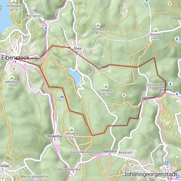 Map miniature of "Gravel Adventure in the Ore Mountains" cycling inspiration in Chemnitz, Germany. Generated by Tarmacs.app cycling route planner