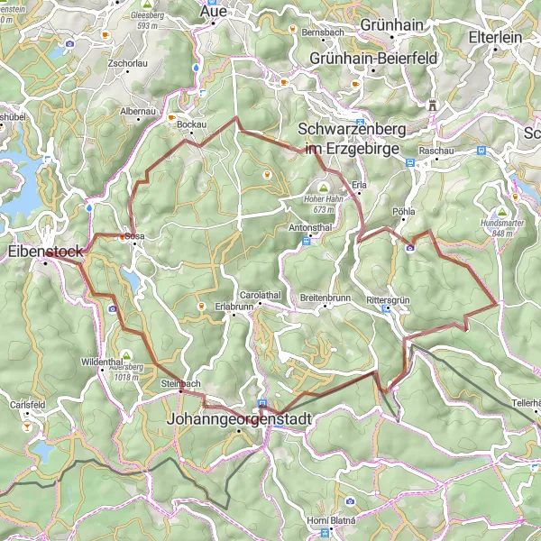Map miniature of "Exploring the Gravel Roads of Erzgebirge" cycling inspiration in Chemnitz, Germany. Generated by Tarmacs.app cycling route planner
