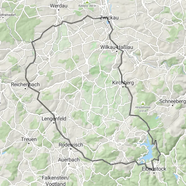 Map miniature of "Historical Road Journey through the Ore Mountains" cycling inspiration in Chemnitz, Germany. Generated by Tarmacs.app cycling route planner