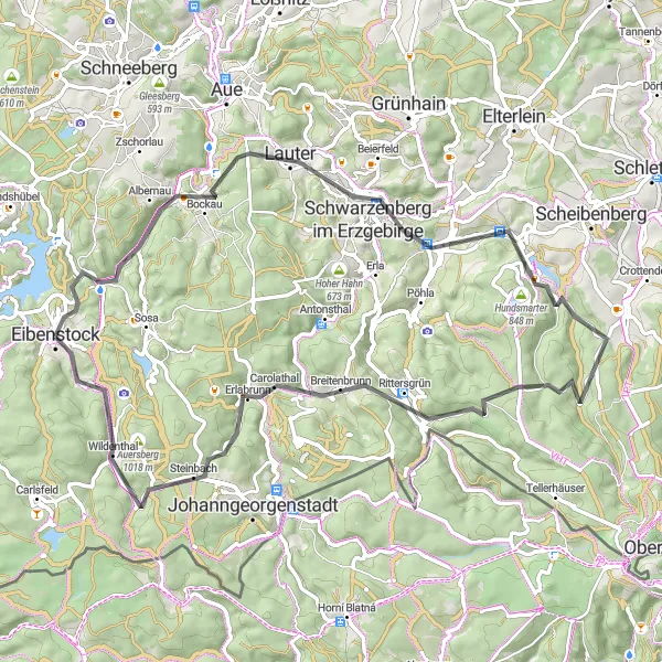 Map miniature of "Exploring the Ore Mountains by Road Bike" cycling inspiration in Chemnitz, Germany. Generated by Tarmacs.app cycling route planner