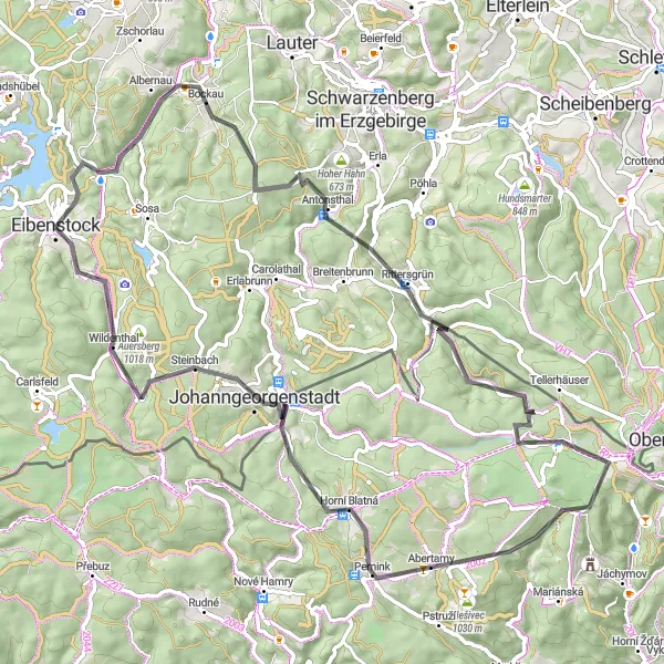 Map miniature of "Road Cycling Adventure in Erzgebirge" cycling inspiration in Chemnitz, Germany. Generated by Tarmacs.app cycling route planner