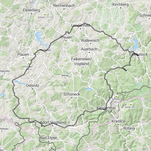 Map miniature of "The Ore Mountains Road Adventure" cycling inspiration in Chemnitz, Germany. Generated by Tarmacs.app cycling route planner