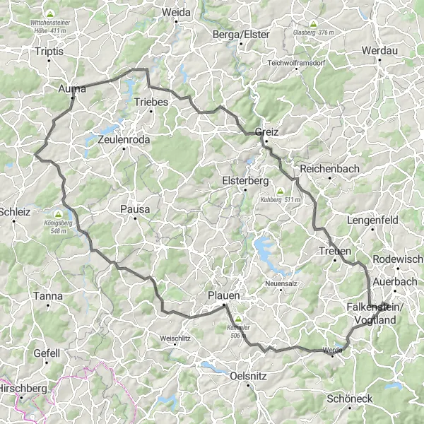Karten-Miniaturansicht der Radinspiration "Rundkurs Ellefeld - Tegau - Langenwetzendorf - Treuen - Ellefeld" in Chemnitz, Germany. Erstellt vom Tarmacs.app-Routenplaner für Radtouren