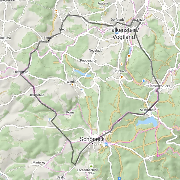 Map miniature of "Ellefeld - Stallmeisterberg - Hammerbrücke - Schöneck - Alter Söll - Tirpersdorf - Harzberg - Dorfstadt - Schlossfelsen" cycling inspiration in Chemnitz, Germany. Generated by Tarmacs.app cycling route planner