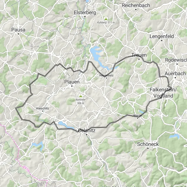 Map miniature of "Ellefeld - Neustadt - Bezelberg - Zaulsdorf - Blick auf Oelsnitz - Rodersdorf - Kuhberg - Warte - Treuen - Kuxenberghäuser" cycling inspiration in Chemnitz, Germany. Generated by Tarmacs.app cycling route planner