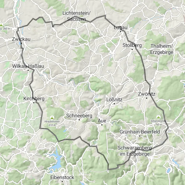 Map miniature of "The Erzgebirge Challenge" cycling inspiration in Chemnitz, Germany. Generated by Tarmacs.app cycling route planner