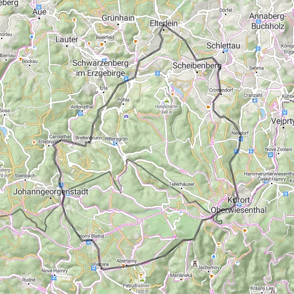 Map miniature of "Scenic Road Tour - Elterlein" cycling inspiration in Chemnitz, Germany. Generated by Tarmacs.app cycling route planner