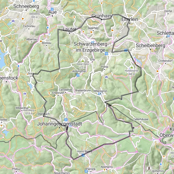 Map miniature of "Mountain Challenge - Elterlein" cycling inspiration in Chemnitz, Germany. Generated by Tarmacs.app cycling route planner