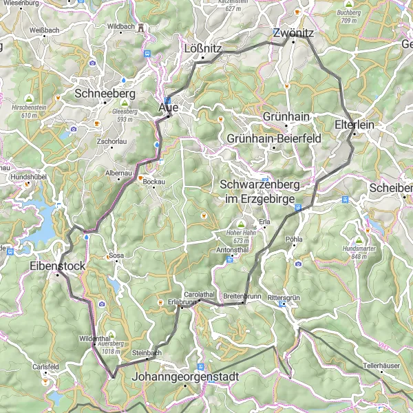 Karten-Miniaturansicht der Radinspiration "Erzgebirgische Runde um Elterlein" in Chemnitz, Germany. Erstellt vom Tarmacs.app-Routenplaner für Radtouren