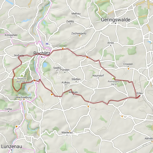 Map miniature of "Bernsdorf to Rosinenberg Gravel Route" cycling inspiration in Chemnitz, Germany. Generated by Tarmacs.app cycling route planner