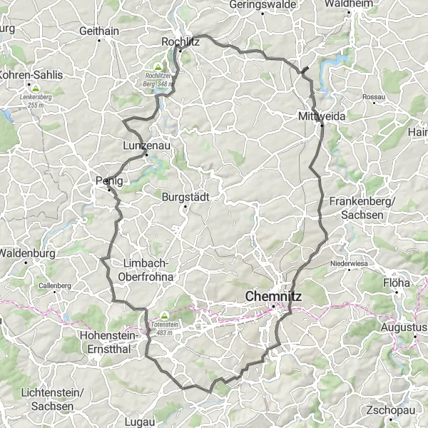 Karten-Miniaturansicht der Radinspiration "Entdeckungstour rund um Erlau" in Chemnitz, Germany. Erstellt vom Tarmacs.app-Routenplaner für Radtouren