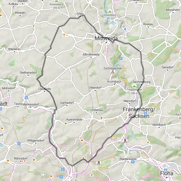 Map miniature of "Mittweida to Königshain Road Route" cycling inspiration in Chemnitz, Germany. Generated by Tarmacs.app cycling route planner