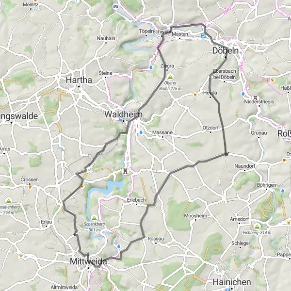 Map miniature of "Steinberg to Lauenhain Road Route" cycling inspiration in Chemnitz, Germany. Generated by Tarmacs.app cycling route planner