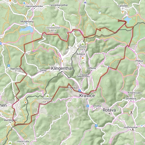 Map miniature of "Adventurous Gravel Ride around Erlbach" cycling inspiration in Chemnitz, Germany. Generated by Tarmacs.app cycling route planner