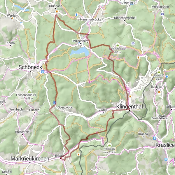 Map miniature of "Erlbach to Klingenthal Gravel Route" cycling inspiration in Chemnitz, Germany. Generated by Tarmacs.app cycling route planner
