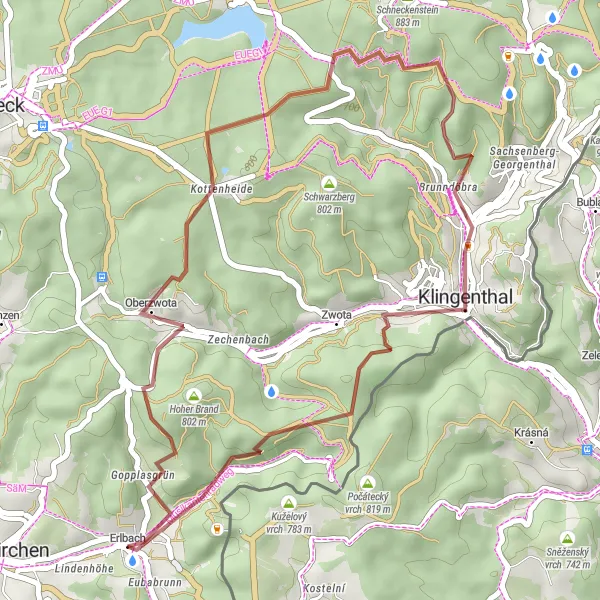 Map miniature of "Erlbach to Eubabrunn Gravel Route" cycling inspiration in Chemnitz, Germany. Generated by Tarmacs.app cycling route planner