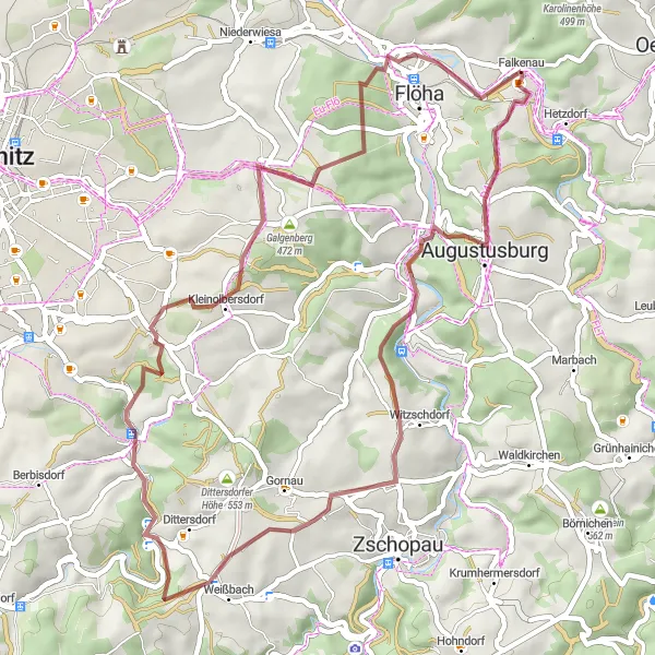 Map miniature of "Gravel Adventure: Falkenau Loop" cycling inspiration in Chemnitz, Germany. Generated by Tarmacs.app cycling route planner