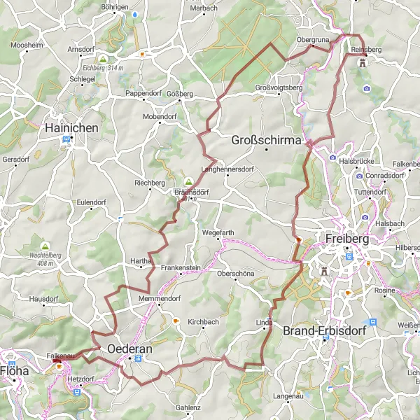 Map miniature of "Extended Gravel Adventure from Falkenau" cycling inspiration in Chemnitz, Germany. Generated by Tarmacs.app cycling route planner