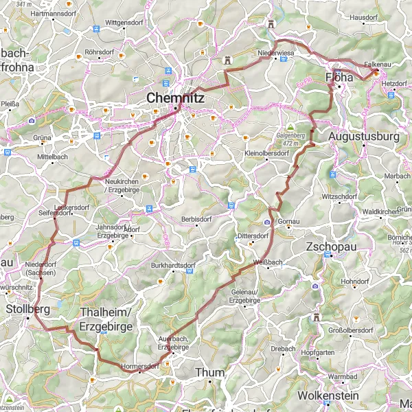 Map miniature of "Gravel Exploration in Chemnitz" cycling inspiration in Chemnitz, Germany. Generated by Tarmacs.app cycling route planner