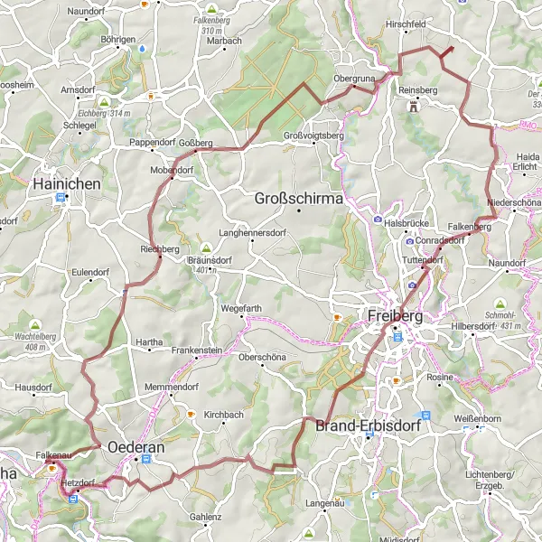 Map miniature of "Gravel Adventure in the Erzgebirge" cycling inspiration in Chemnitz, Germany. Generated by Tarmacs.app cycling route planner