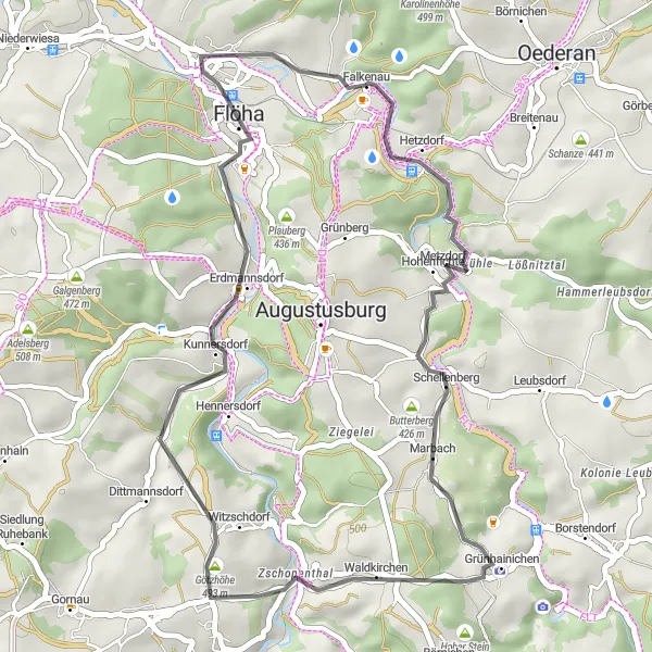 Map miniature of "Scenic Road Cycling Route" cycling inspiration in Chemnitz, Germany. Generated by Tarmacs.app cycling route planner