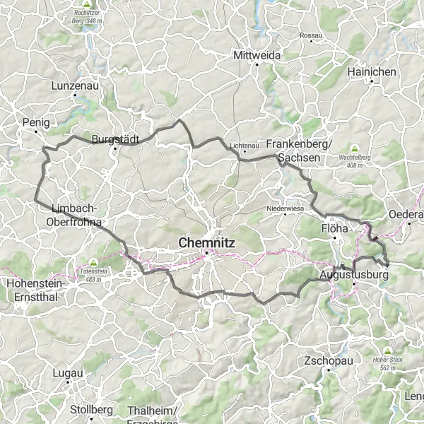 Map miniature of "Challenging Tour of Chemnitz" cycling inspiration in Chemnitz, Germany. Generated by Tarmacs.app cycling route planner