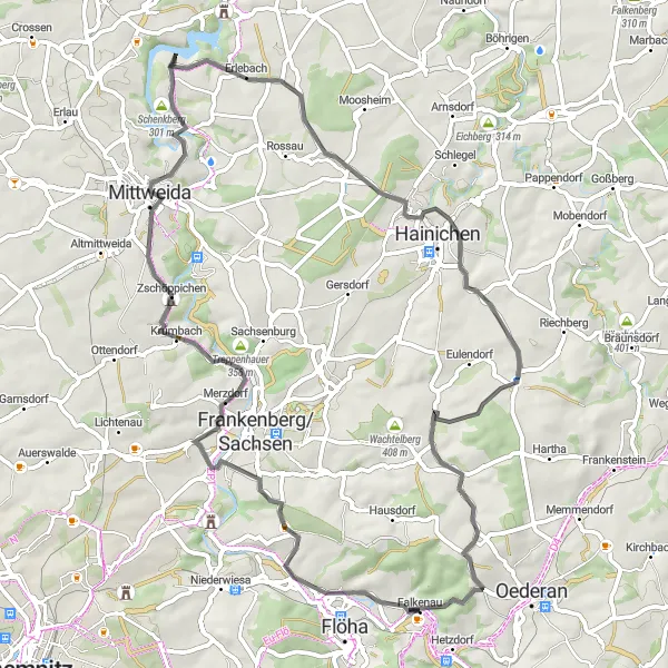 Map miniature of "Falkenau and Surroundings" cycling inspiration in Chemnitz, Germany. Generated by Tarmacs.app cycling route planner