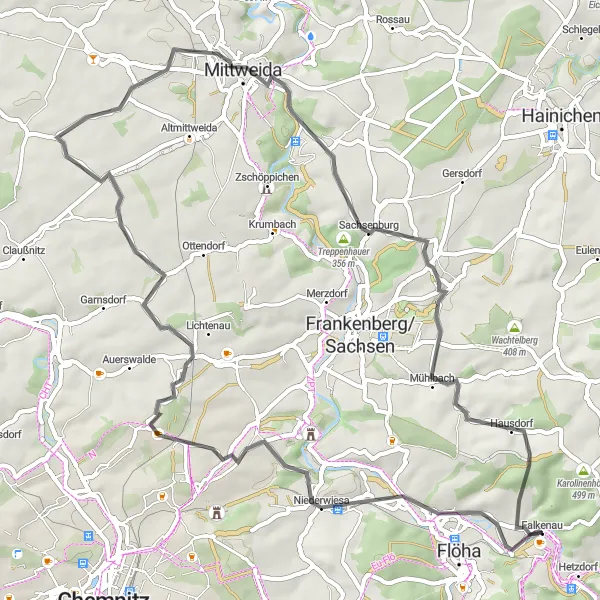 Karten-Miniaturansicht der Radinspiration "Abwechslungsreiche Landschaften von Falkenau aus" in Chemnitz, Germany. Erstellt vom Tarmacs.app-Routenplaner für Radtouren