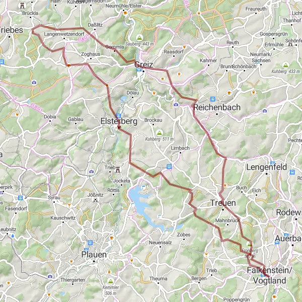 Map miniature of "Greiz Gravel Expedition" cycling inspiration in Chemnitz, Germany. Generated by Tarmacs.app cycling route planner