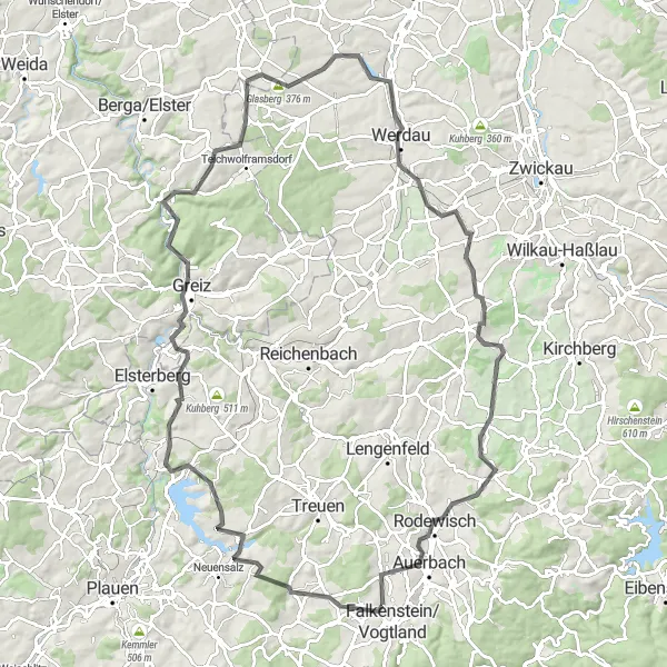 Map miniature of "Castles and Hills" cycling inspiration in Chemnitz, Germany. Generated by Tarmacs.app cycling route planner