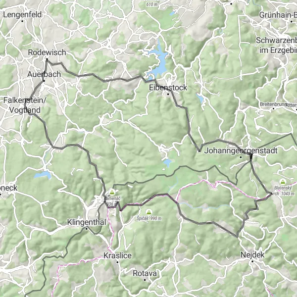 Map miniature of "Rodewisch Road Adventure" cycling inspiration in Chemnitz, Germany. Generated by Tarmacs.app cycling route planner