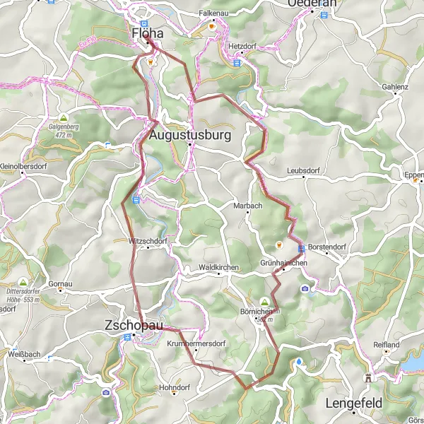 Map miniature of "Flöha Short Gravel Adventure" cycling inspiration in Chemnitz, Germany. Generated by Tarmacs.app cycling route planner