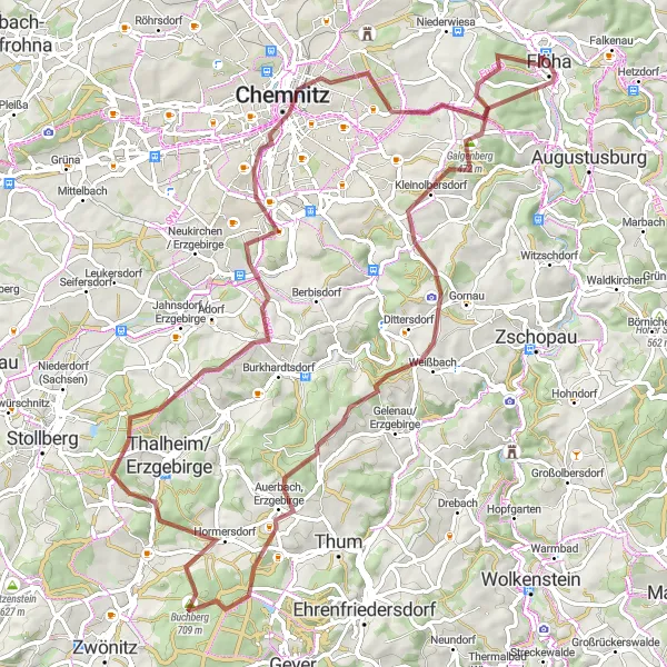 Map miniature of "Flöha Mountainous Gravel Adventure" cycling inspiration in Chemnitz, Germany. Generated by Tarmacs.app cycling route planner