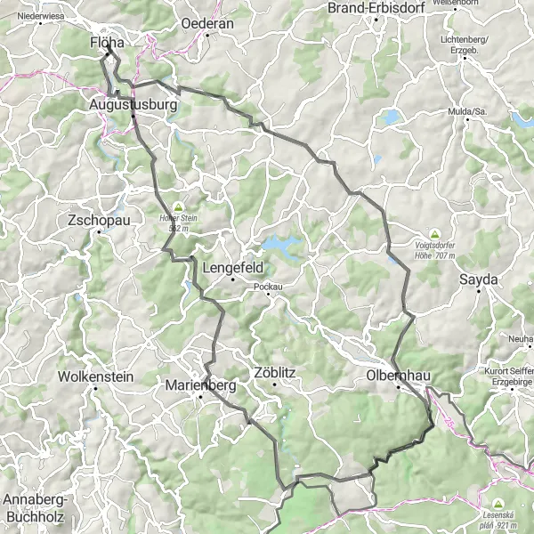Karten-Miniaturansicht der Radinspiration "Rund um Flöha und das Erzgebirge" in Chemnitz, Germany. Erstellt vom Tarmacs.app-Routenplaner für Radtouren