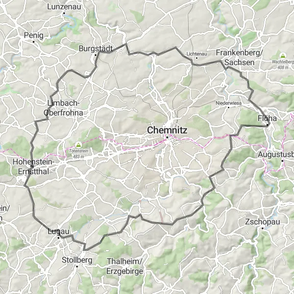 Map miniature of "Road Cycling through Scenic Landscapes" cycling inspiration in Chemnitz, Germany. Generated by Tarmacs.app cycling route planner