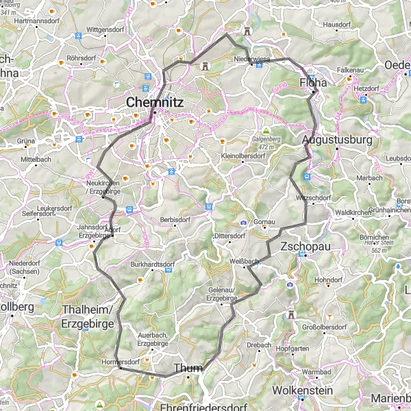 Map miniature of "The Flöha Experience" cycling inspiration in Chemnitz, Germany. Generated by Tarmacs.app cycling route planner