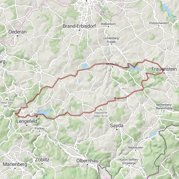 Karten-Miniaturansicht der Radinspiration "Gravel Route: Frauenstein - Burkersdorf" in Chemnitz, Germany. Erstellt vom Tarmacs.app-Routenplaner für Radtouren