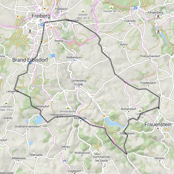 Karten-Miniaturansicht der Radinspiration "Road Route: Frauenstein - Kleinbobritzsch" in Chemnitz, Germany. Erstellt vom Tarmacs.app-Routenplaner für Radtouren