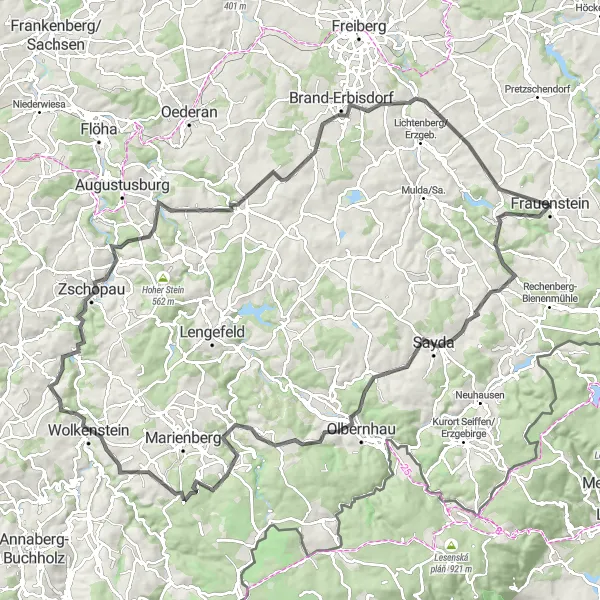 Map miniature of "Sandberg to Burkersdorf Road Cycling Route" cycling inspiration in Chemnitz, Germany. Generated by Tarmacs.app cycling route planner