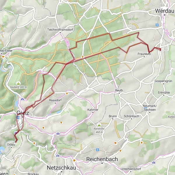 Map miniature of "Scenic Gravel Tour near Fraureuth" cycling inspiration in Chemnitz, Germany. Generated by Tarmacs.app cycling route planner