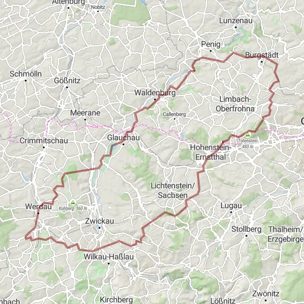 Karten-Miniaturansicht der Radinspiration "Abenteuerliche Graveltour Werdau-Hohenstein-Ernstthal" in Chemnitz, Germany. Erstellt vom Tarmacs.app-Routenplaner für Radtouren