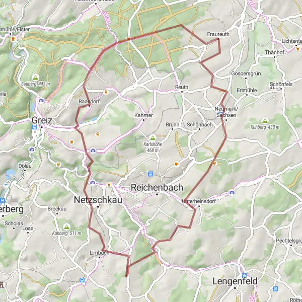 Karten-Miniaturansicht der Radinspiration "Gemütliche Graveltour Fraureuth-Neumark/Sachsen" in Chemnitz, Germany. Erstellt vom Tarmacs.app-Routenplaner für Radtouren