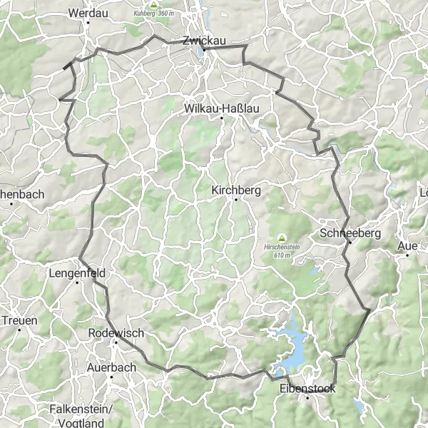 Karten-Miniaturansicht der Radinspiration "Rundtour Zwickau-Schneeberg" in Chemnitz, Germany. Erstellt vom Tarmacs.app-Routenplaner für Radtouren